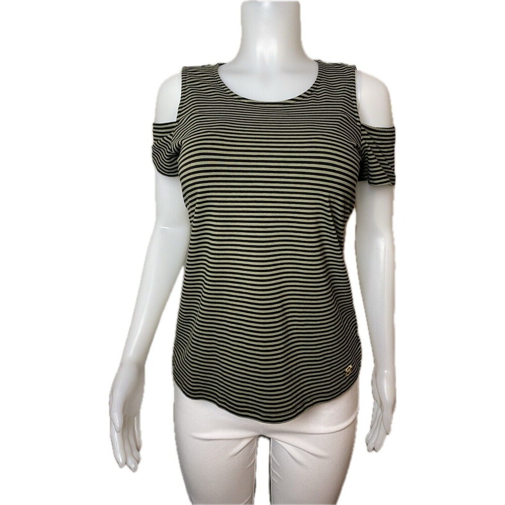 F. Michael Kors Top Size M Striped Multicolor Green Cold Shoulder Sleeve $68